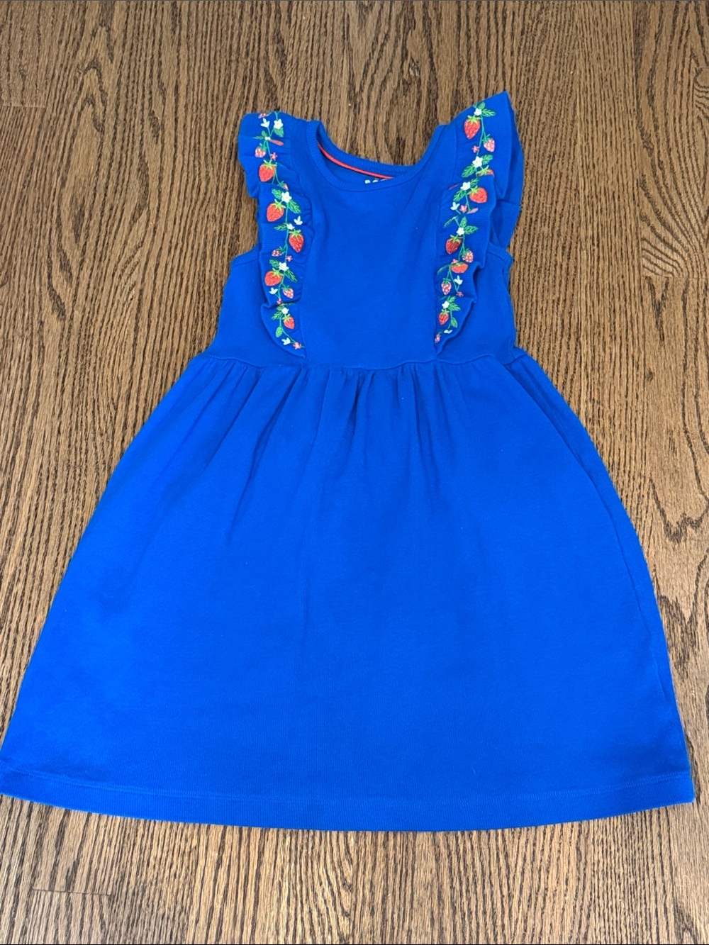 Girls Blue Sleeveless Dress with Strawberry Embroidery